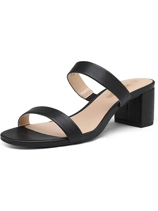 Shoes - Women Black Pu Faux Leather Summer Comfort Open Toe Slip On Chunky Low Heel Pump